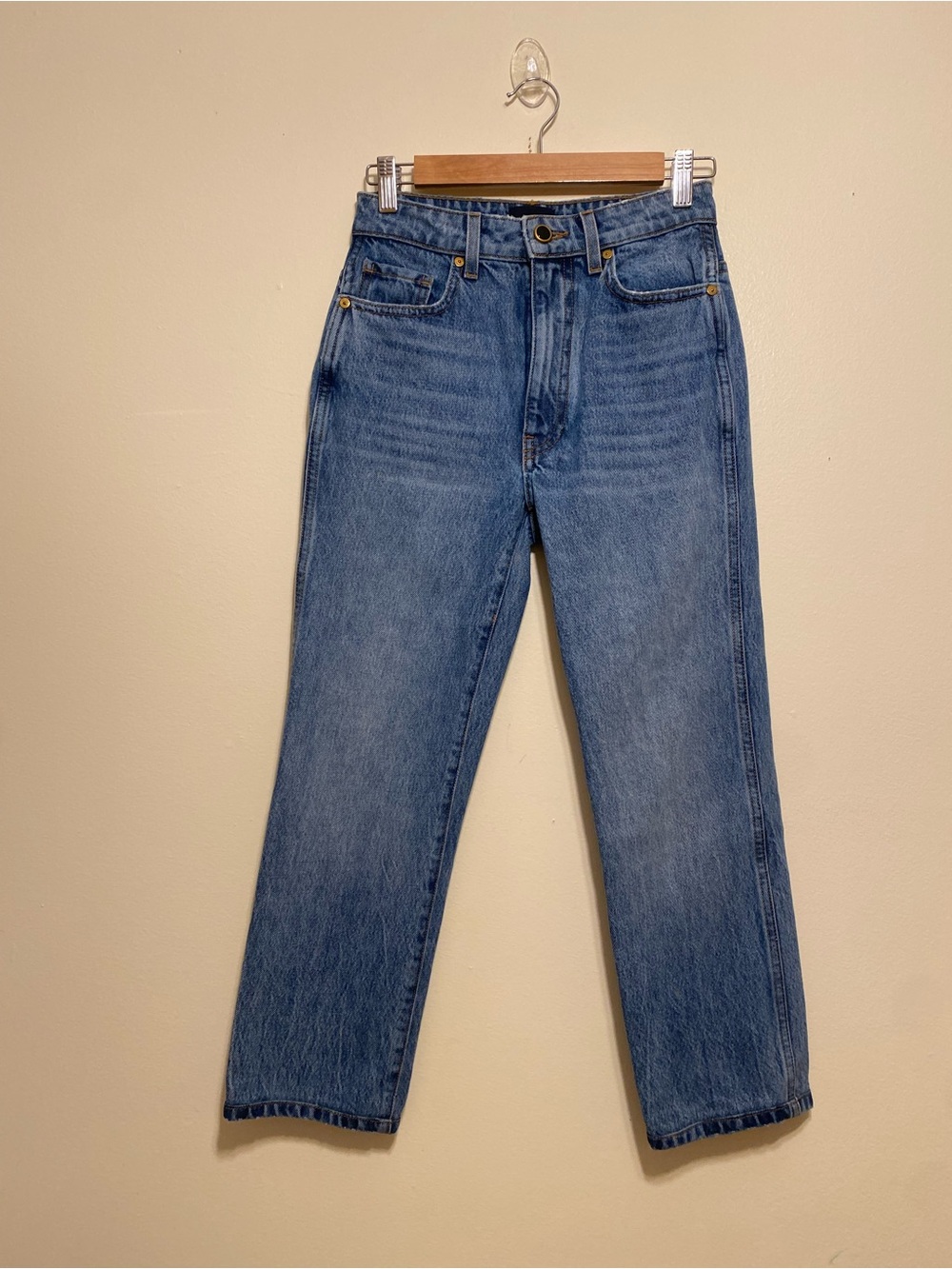KHAITE ABIGAIL Medium Blue Straight-Leg Jeans. Size 24